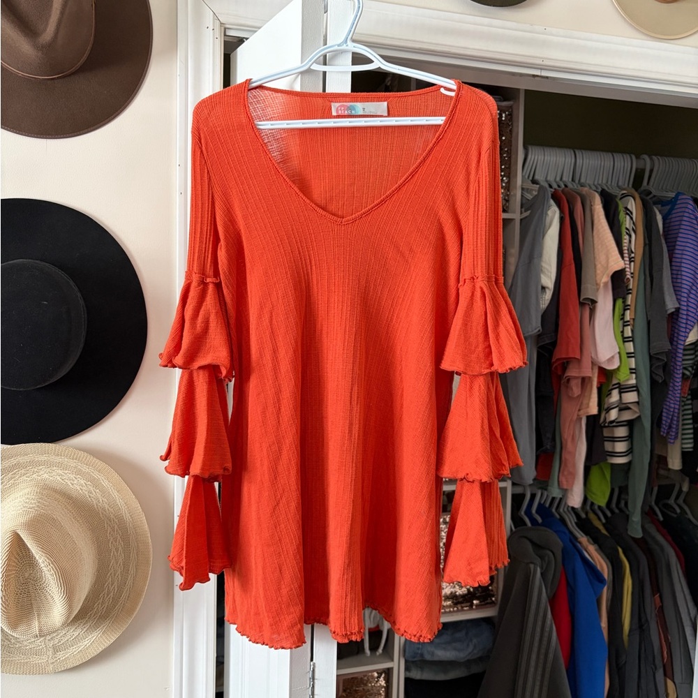 Free People Orange Ruffle Sleeve Dress